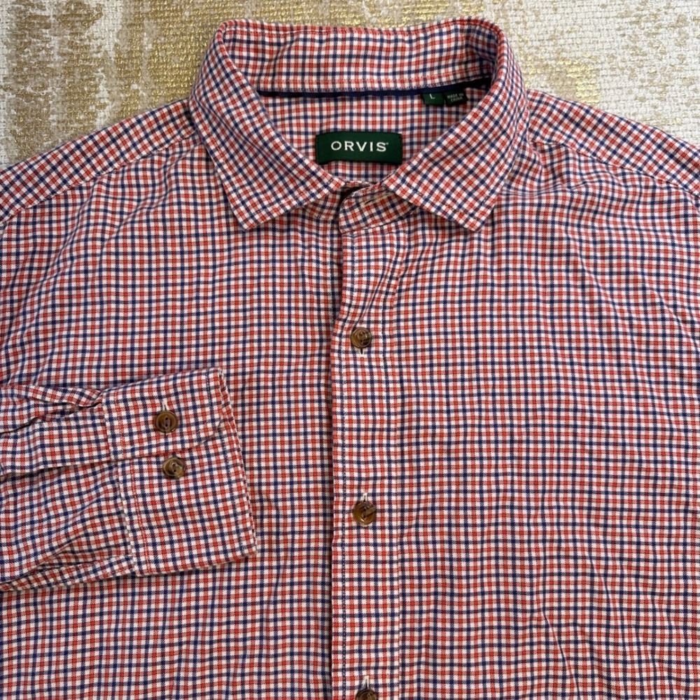 ORVIS Men's Blue, Orange & Cream Check Plaid Button-Up Flannel Shirt | Large